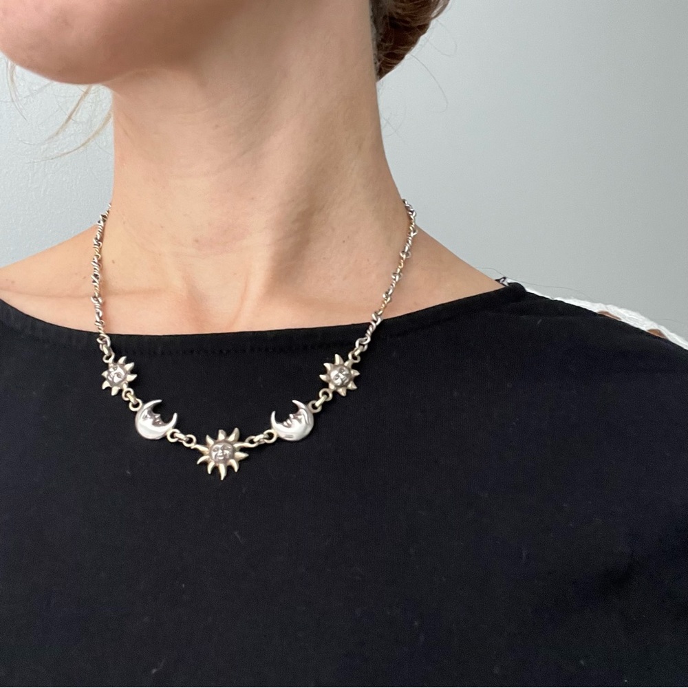 Vintage toztli designer Mexico 925 Sterling silver necklace sun moon - Picture 3 of 11